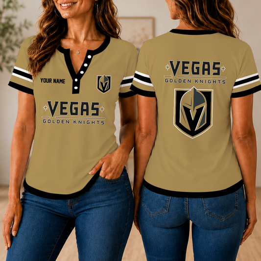 FINAL SALE - NEW CUSTOMIZED NHL04 VGK VEGAS GOLDEN KNIGHTS WOMEN'S SHORT SLEEVE HENLEY T-SHIRT