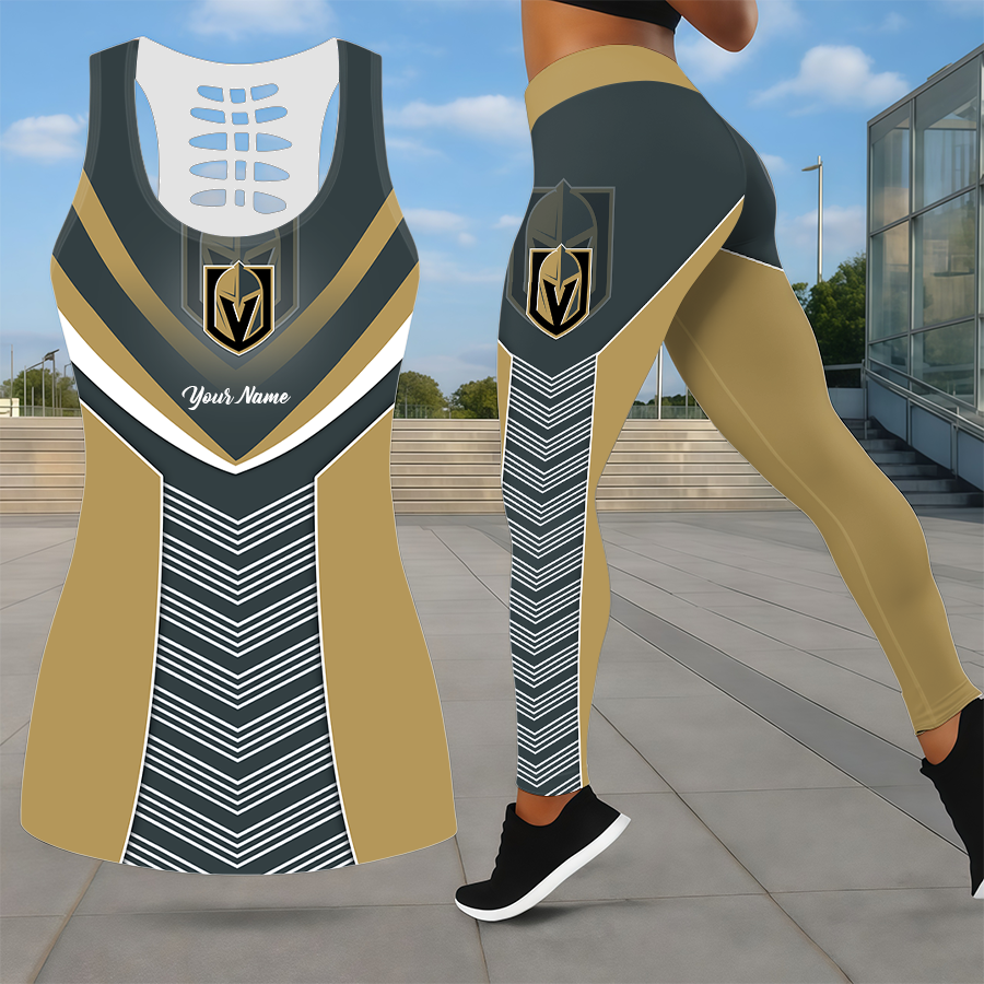 SPECIAL EDITION - NEW CUSTOMIZED NHL04 VGK VEGAS GOLDEN KNIGHTS LEGGINGS & HOLLOW TANK TOP SET