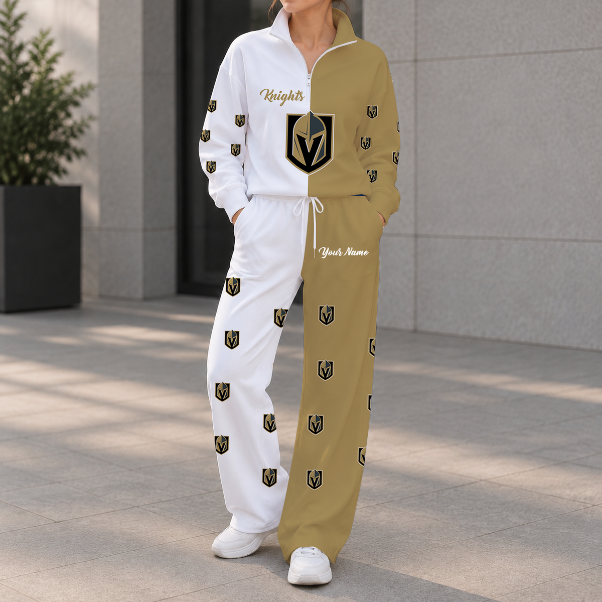 SPECIAL EDITION - NEW CUSTOMIZED NHL04 VGK VEGAS GOLDEN KNIGHTS ZIPPER SWEATSHIRT & WIDE LEG PANTS SET