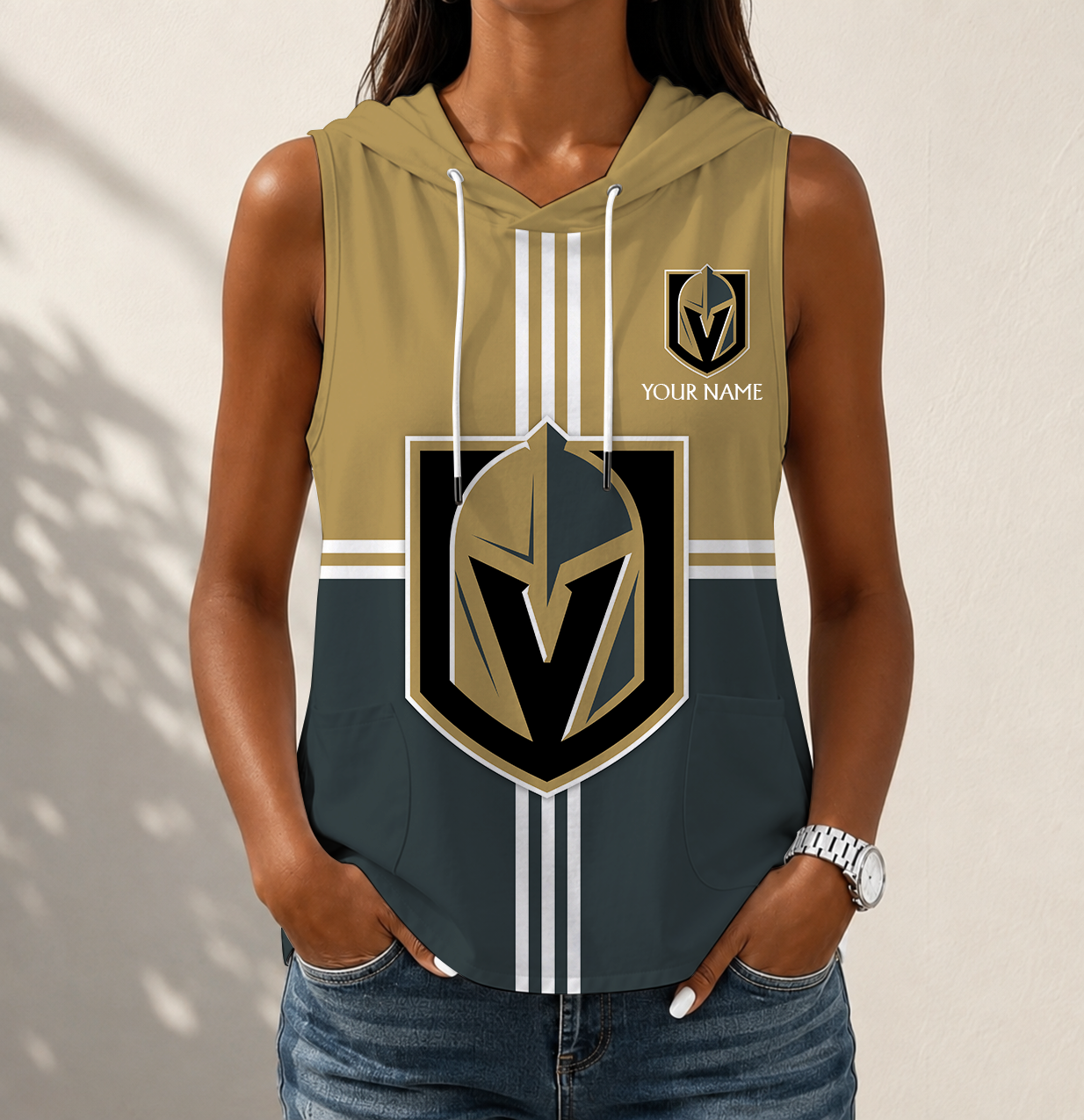 LIMITED EDITION - NEW CUSTOMIZED NHL04 VGK VEGAS GOLDEN KNIGHTS WOMEN'S SLEEVELESS HOODED POCKET TANK TOP