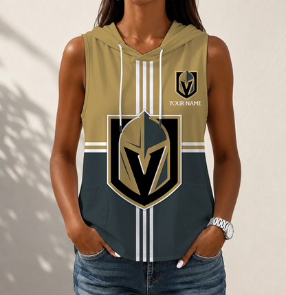 LIMITED EDITION - NEW CUSTOMIZED NHL04 VGK VEGAS GOLDEN KNIGHTS WOMEN'S SLEEVELESS HOODED POCKET TANK TOP