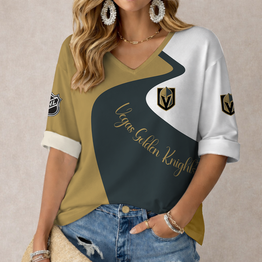 FLASH SALE - NEW CUSTOMIZED NHL04 VGK VEGAS GOLDEN KNIGHTS WOMEN'S V-NECK LONG SLEEVE SHIRT