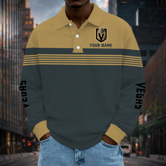 LIMITED EDITION - NEW CUSTOMIZED NHL04 VGK VEGAS GOLDEN KNIGHTS MEN LONG SLEEVE POLO
