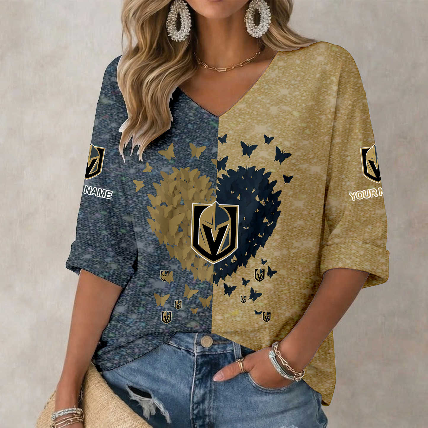 LIMITED EDITION - NEW CUSTOMIZED NHL04 VGK VEGAS GOLDEN KNIGHTS WOMEN'S HEART V-NECK LONG SLEEVE SHIRT