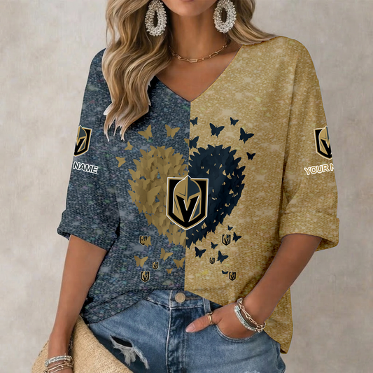 LIMITED EDITION - NEW CUSTOMIZED NHL04 VGK VEGAS GOLDEN KNIGHTS WOMEN'S HEART V-NECK LONG SLEEVE SHIRT