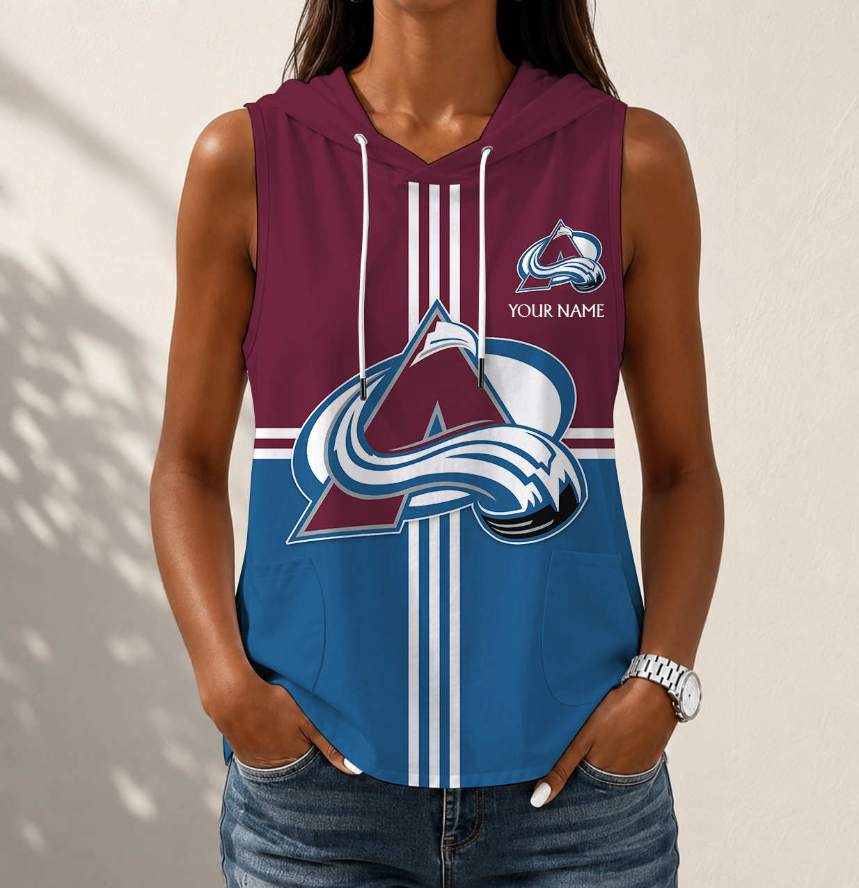 LIMITED EDITION - NEW CUSTOMIZED NHL05 CAL COLORADO AVALANCHE WOMEN'S SLEEVELESS HOODED POCKET TANK TOP