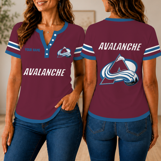 FINAL SALE - NEW CUSTOMIZED NHL05 CAL COLORADO AVALANCHE WOMEN'S SHORT SLEEVE HENLEY T-SHIRT