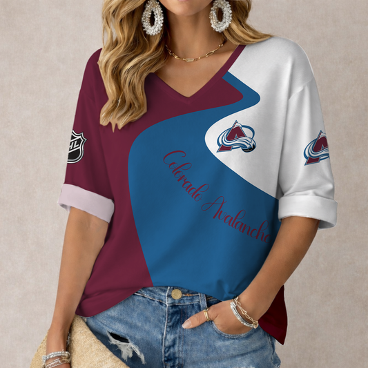 FLASH SALE - NEW CUSTOMIZED NHL05 CAL COLORADO AVALANCHE WOMEN'S V-NECK LONG SLEEVE SHIRT