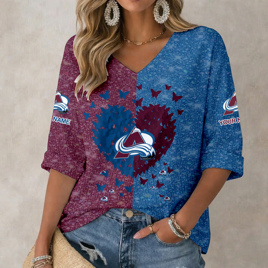 LIMITED EDITION - NEW CUSTOMIZED NHL05 CAL COLORADO AVALANCHE WOMEN'S HEART V-NECK LONG SLEEVE SHIRT