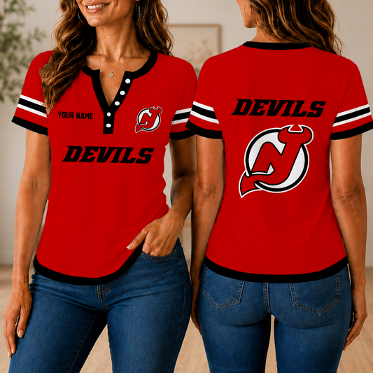 FINAL SALE - NEW CUSTOMIZED NHL06 NJD NEW JERSEY DEVILS WOMEN'S SHORT SLEEVE HENLEY T-SHIRT