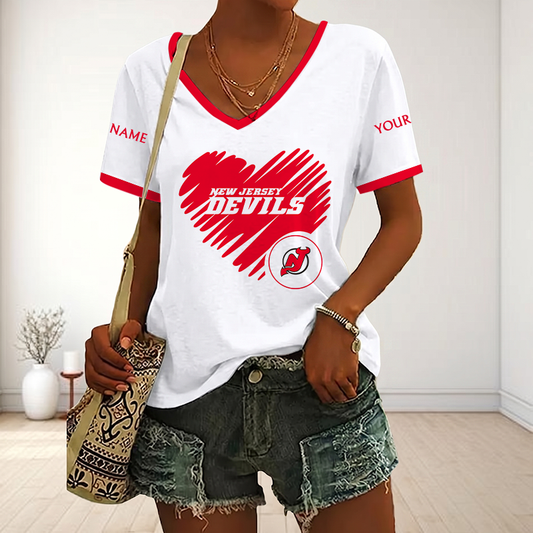 FINAL SALE - NEW CUSTOMIZED NHL06 NJD NEW JERSEY DEVILS V-NECK FEMALE SHIRT