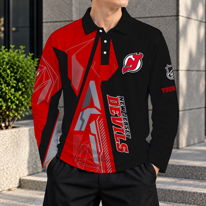 SPECIAL EDITION - NEW CUSTOMIZED NHL06 NJD NEW JERSEY DEVILS MEN LONG SLEEVE POLO