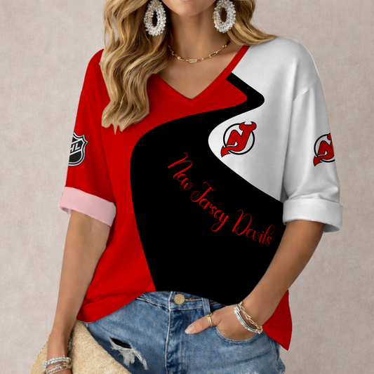 FLASH SALE - NEW CUSTOMIZED NHL06 NJD NEW JERSEY DEVILS WOMEN'S V-NECK LONG SLEEVE SHIRT