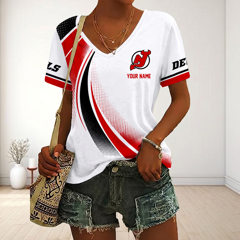 LIMITED EDITION - NEW CUSTOMIZED NHL06 NJD NEW JERSEY DEVILS V-NECK FEMALE SHIRT