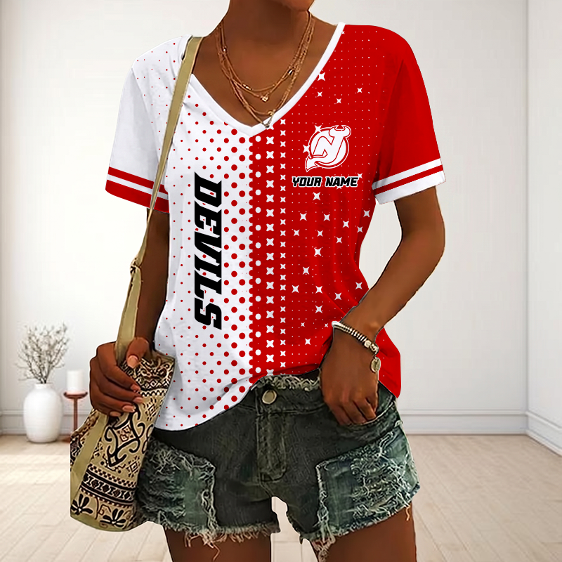 LIMITED EDITION - NEW CUSTOMIZED NHL06 NJD NEW JERSEY DEVILS V-NECK FEMALE SHIRT