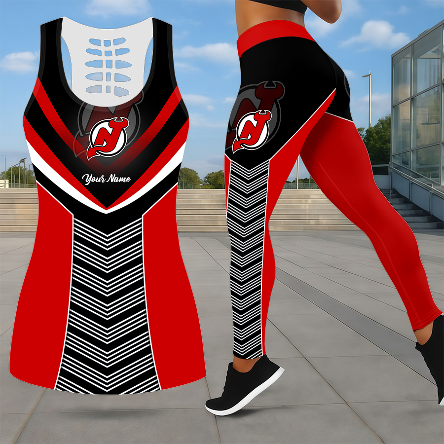 SPECIAL EDITION - NEW CUSTOMIZED NHL06 NJD NEW JERSEY DEVILS LEGGINGS & HOLLOW TANK TOP SET