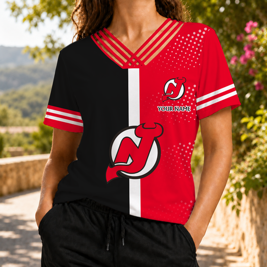 VIRAL EDITION - NEW CUSTOMIZED NHL06 NJD NEW JERSEY DEVILS V-NECK SHIRT