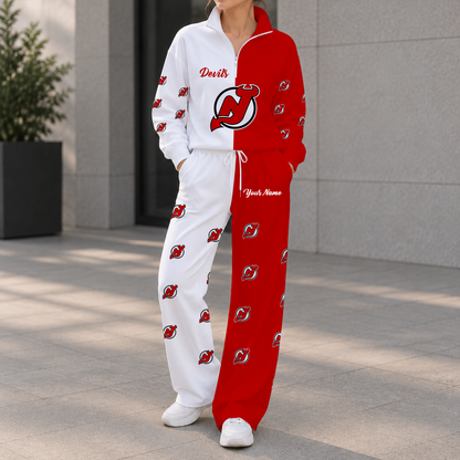 SPECIAL EDITION - NEW CUSTOMIZED NHL06 NJD NEW JERSEY DEVILS ZIPPER SWEATSHIRT & WIDE LEG PANTS SET
