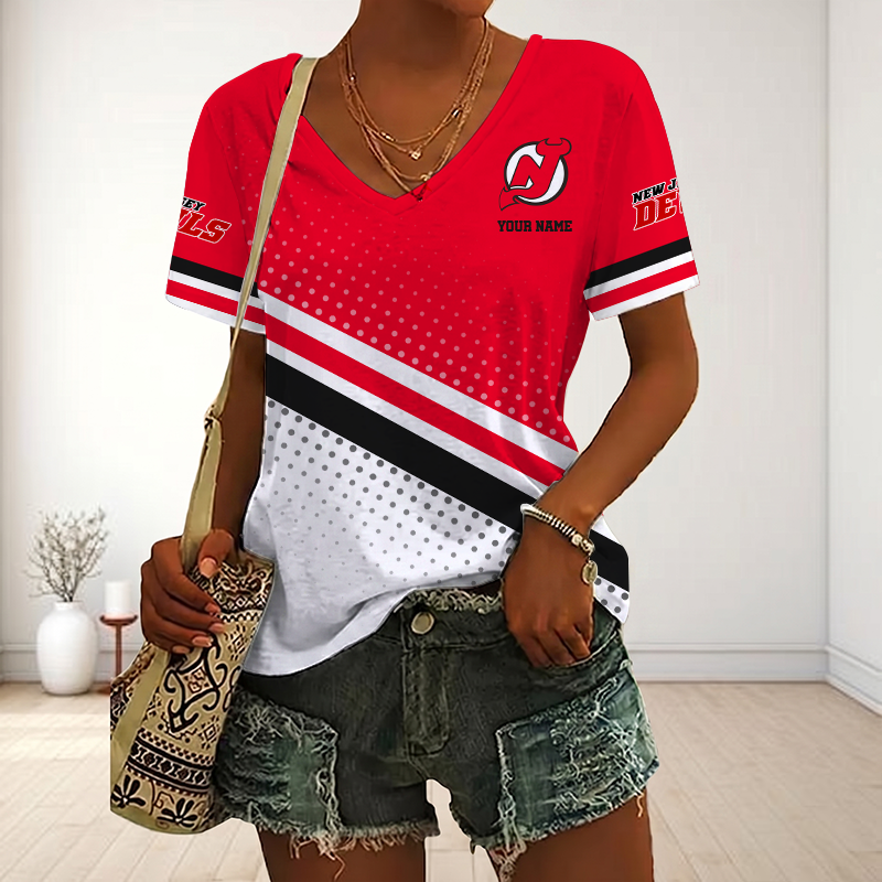 LIMITED EDITION - NEW CUSTOMIZED NHL06 NJD NEW JERSEY DEVILS V-NECK FEMALE SHIRT