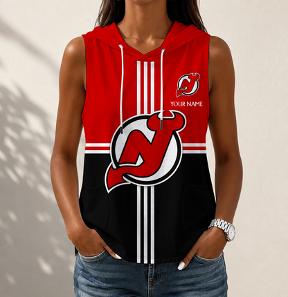 LIMITED EDITION - NEW CUSTOMIZED NHL06 NJD NEW JERSEY DEVILS WOMEN'S SLEEVELESS HOODED POCKET TANK TOP