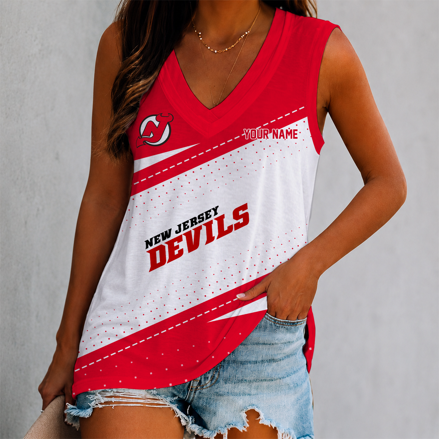 FINAL SALE - NEW CUSTOMIZED NHL06 NJD NEW JERSEY DEVILS WOMEN'S V-NECK TANK TOP