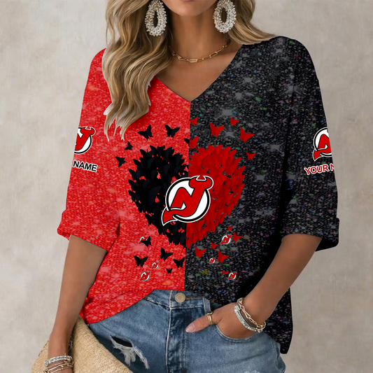 LIMITED EDITION - NEW CUSTOMIZED NHL06 NJD NEW JERSEY DEVILS WOMEN'S HEART V-NECK LONG SLEEVE SHIRT
