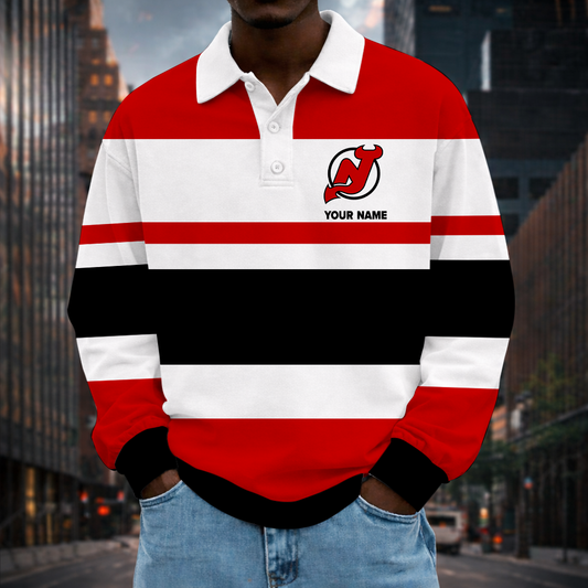 LIMITED EDITION - NEW CUSTOMIZED NHL06 NJD NEW JERSEY DEVILS MEN LONG SLEEVE POLO