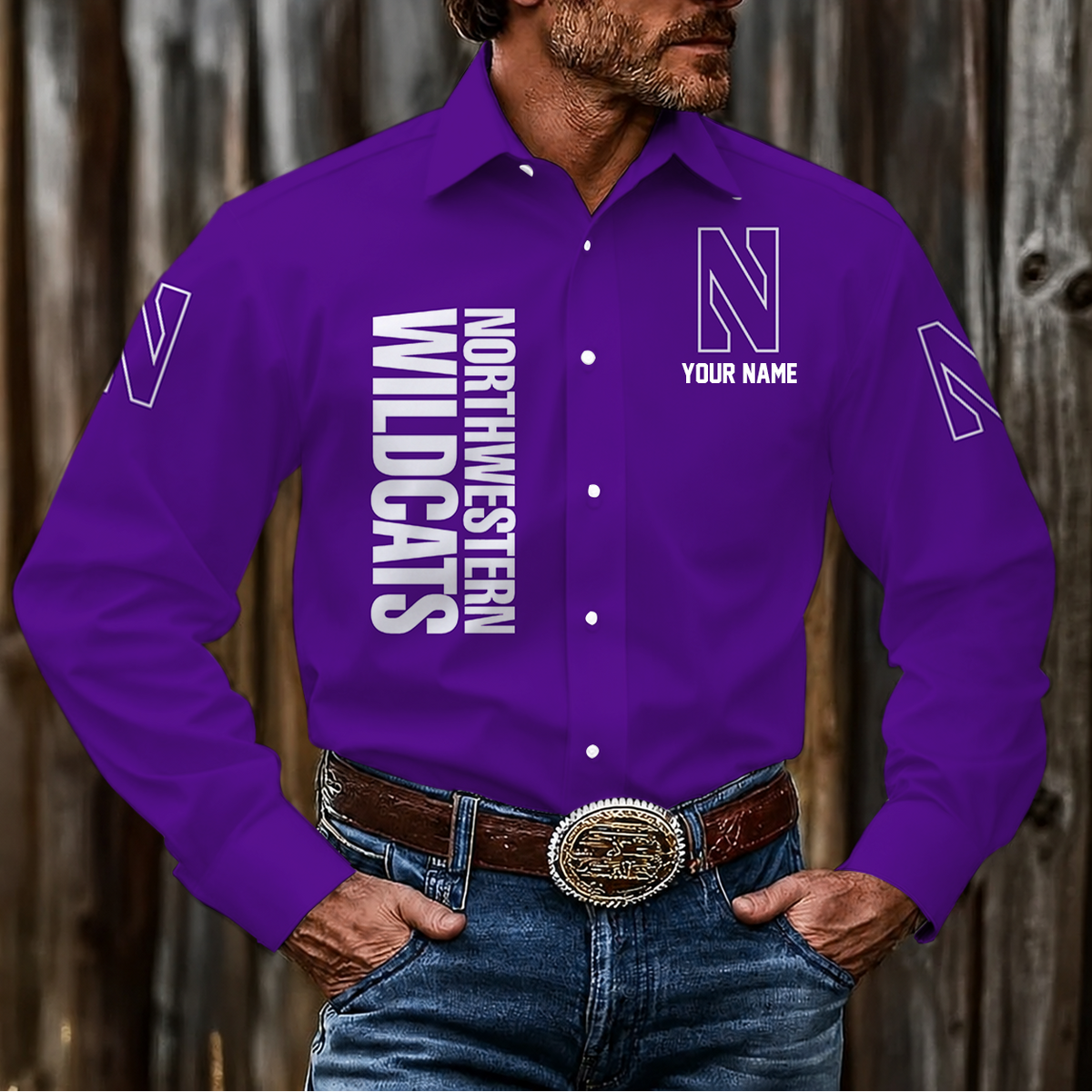 VIRAL EDITION - NEW CUSTOMIZED NCAA CFH06 NOW NORTHWESTERN WILDCATS MEN'S LONG SLEEVE BUTTON-UP SHIRT