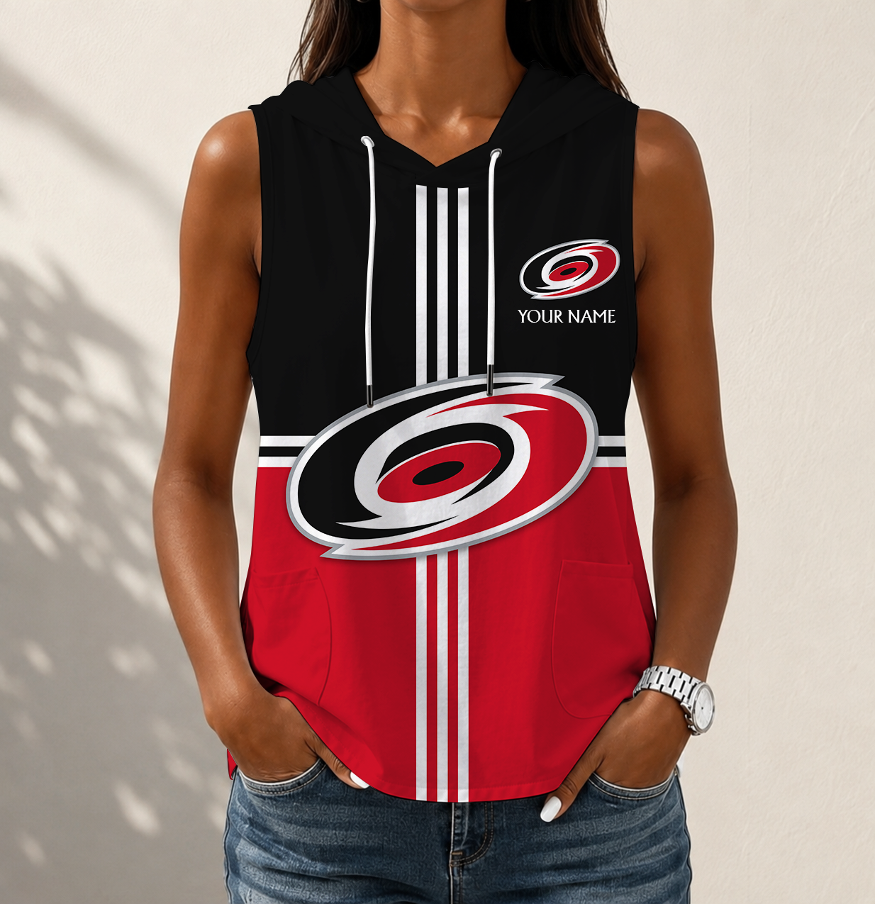 LIMITED EDITION - NEW CUSTOMIZED NHL07 CLH CAROLINA HURRICANES WOMEN'S SLEEVELESS HOODED POCKET TANK TOP