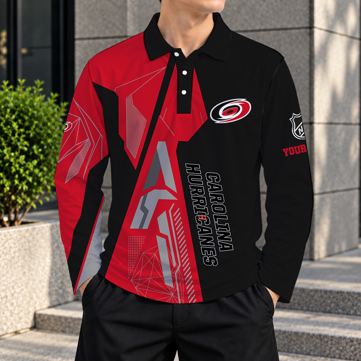 SPECIAL EDITION - NEW CUSTOMIZED NHL07 CLH CAROLINA HURRICANES MEN LONG SLEEVE POLO