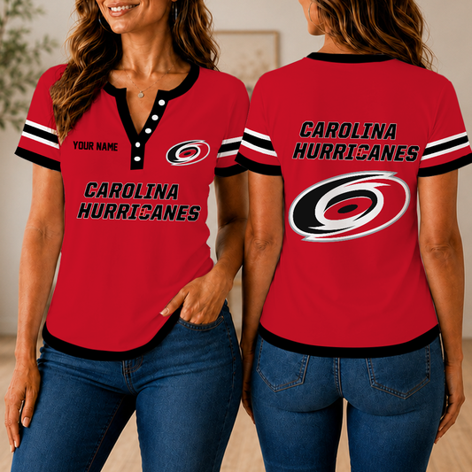 FINAL SALE - NEW CUSTOMIZED NHL07 CLH CAROLINA HURRICANES WOMEN'S SHORT SLEEVE HENLEY T-SHIRT
