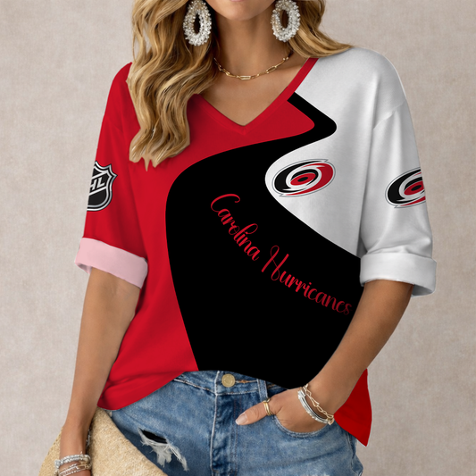 FLASH SALE - NEW CUSTOMIZED NHL07 CLH CAROLINA HURRICANES WOMEN'S V-NECK LONG SLEEVE SHIRT