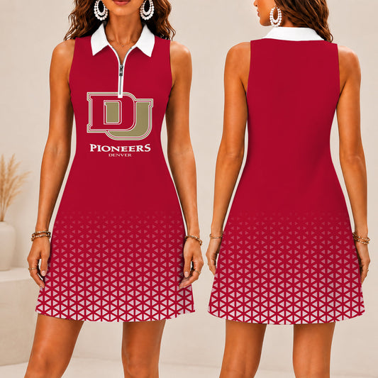 LIMITED EDITION - NEW CUSTOMIZED NCAA MFF07 DEP DENVER PIONEERS WOMEN'S ZIP SLEEVELESS POLO DRESS