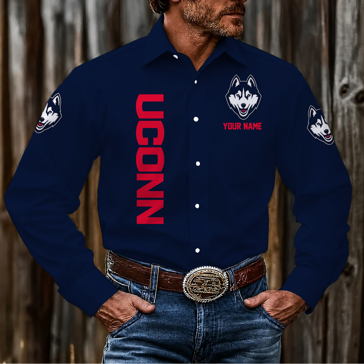 VIRAL EDITION - NEW CUSTOMIZED NCAA CFH07 UCH UCONN HUSKIES MEN'S LONG SLEEVE BUTTON-UP SHIRT