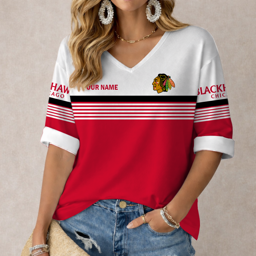 LIMITED EDITION - NEW CUSTOMIZED NHL08 CBH CHICAGO BLACKHAWKS WOMEN'S HEART V-NECK LONG SLEEVE SHIRT
