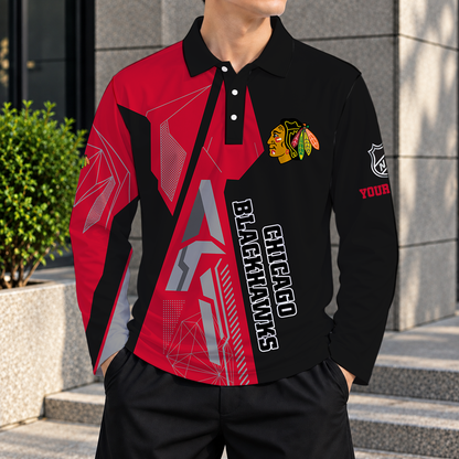 SPECIAL EDITION - NEW CUSTOMIZED NHL08 CBH CHICAGO BLACKHAWKS MEN LONG SLEEVE POLO