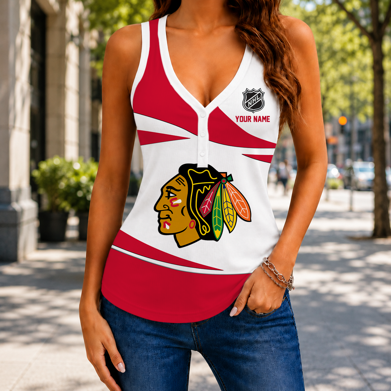 VIRAL EDITION - NEW CUSTOMIZED NHL08 CBH CHICAGO BLACKHAWKS WOMEN'S V-NECK TANK TOP