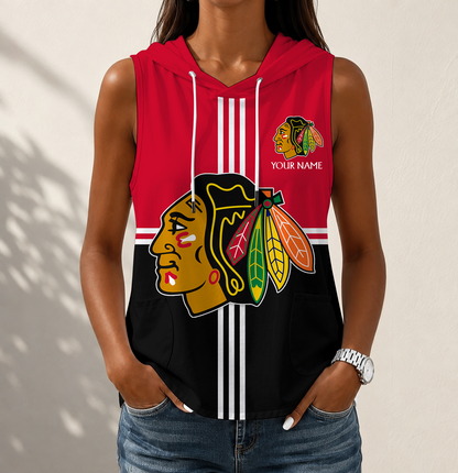 LIMITED EDITION - NEW CUSTOMIZED NHL08 CBH CHICAGO BLACKHAWKS WOMEN'S SLEEVELESS HOODED POCKET TANK TOP