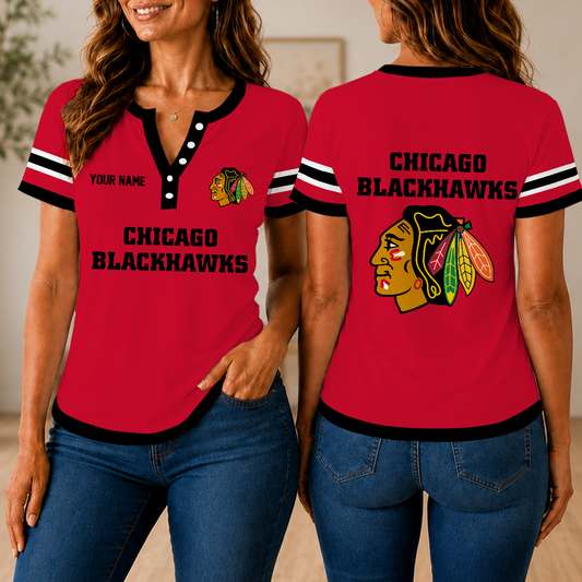 FINAL SALE - NEW CUSTOMIZED NHL08 CBH CHICAGO BLACKHAWKS WOMEN'S SHORT SLEEVE HENLEY T-SHIRT