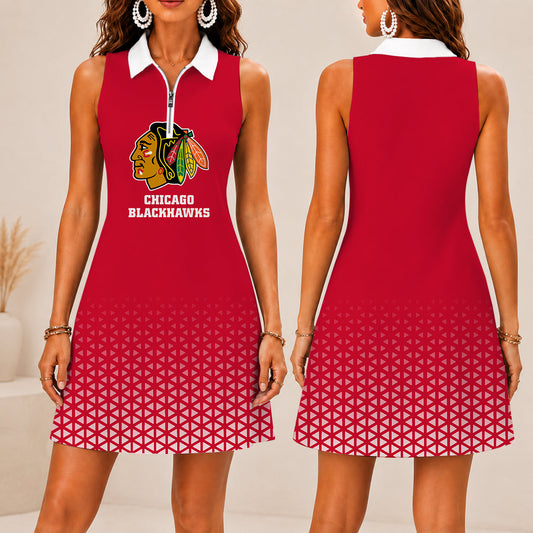 FLASH SALE - NEW CUSTOMIZED NHL08 CBH CHICAGO BLACKHAWKS WOMEN'S ZIP SLEEVELESS POLO DRESS
