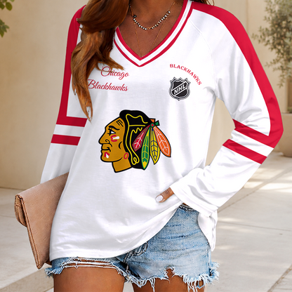 HOT DEAL - NEW CUSTOMIZED NHL08 CBH CHICAGO BLACKHAWKS WOMEN'S V-NECK LONG SLEEVED SHIRT