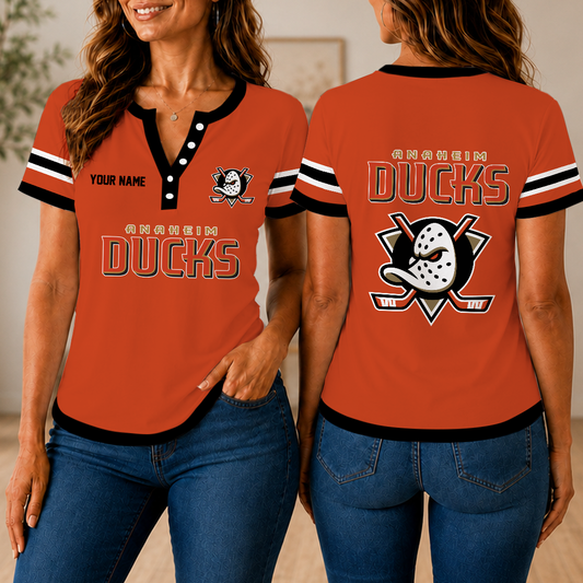 FINAL SALE - NEW CUSTOMIZED NHL09 AHD ANAHEIM DUCKS WOMEN'S SHORT SLEEVE HENLEY T-SHIRT