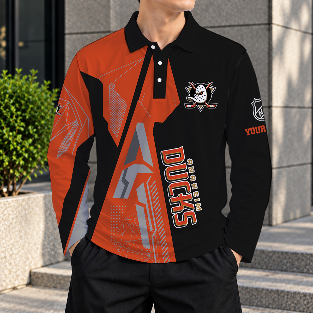 SPECIAL EDITION - NEW CUSTOMIZED NHL09 AHD ANAHEIM DUCKS MEN LONG SLEEVE POLO