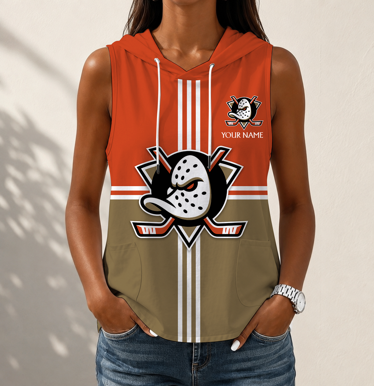 LIMITED EDITION - NEW CUSTOMIZED NHL09 AHD ANAHEIM DUCKS WOMEN'S SLEEVELESS HOODED POCKET TANK TOP