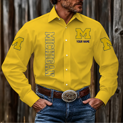 VIRAL EDITION - NEW CUSTOMIZED NCAA CFH10 MIW MICHIGAN WOLVERINES MEN'S LONG SLEEVE BUTTON-UP SHIRT