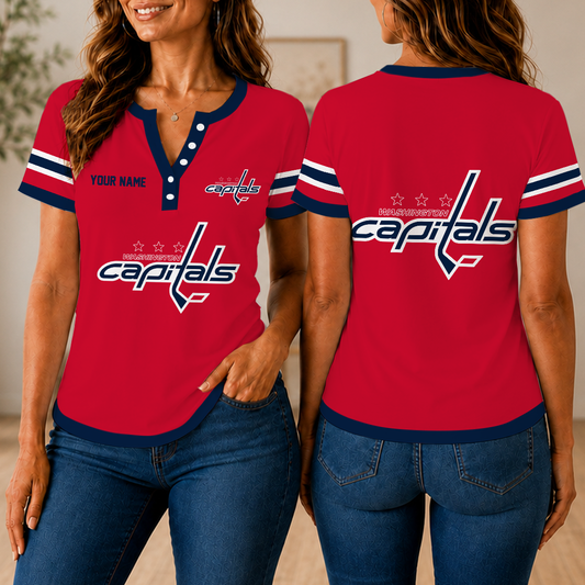 FINAL SALE - NEW CUSTOMIZED NHL10 WCP WASHINGTON CAPITALS WOMEN'S SHORT SLEEVE HENLEY T-SHIRT