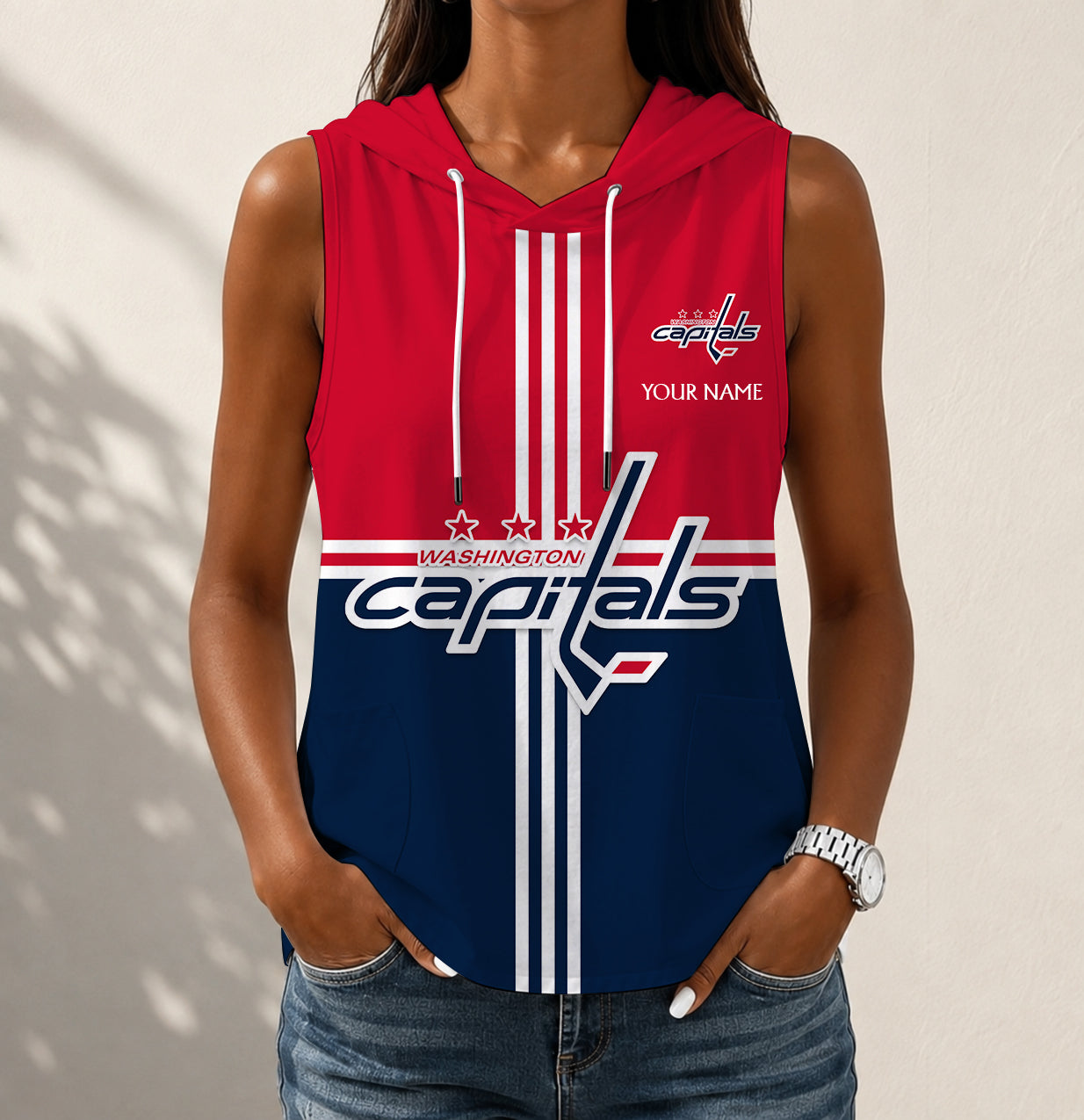 LIMITED EDITION - NEW CUSTOMIZED NHL10 WCP WASHINGTON CAPITALS WOMEN'S SLEEVELESS HOODED POCKET TANK TOP