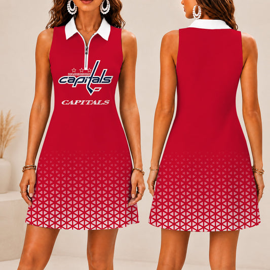 FLASH SALE - NEW CUSTOMIZED NHL10 WCP WASHINGTON CAPITALS WOMEN'S ZIP SLEEVELESS POLO DRESS