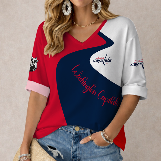 FLASH SALE - NEW CUSTOMIZED NHL10 WCP WASHINGTON CAPITALS WOMEN'S V-NECK LONG SLEEVE SHIRT