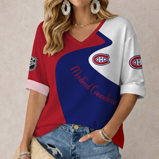 FLASH SALE - NEW CUSTOMIZED NHL11 MCD MONTREAL CANADIENS WOMEN'S V-NECK LONG SLEEVE SHIRT